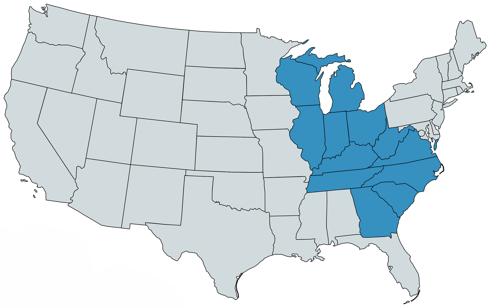 US map highlighting the 12 states NMV Expedition serves across the Midwest, Mid-Atlantic, and South